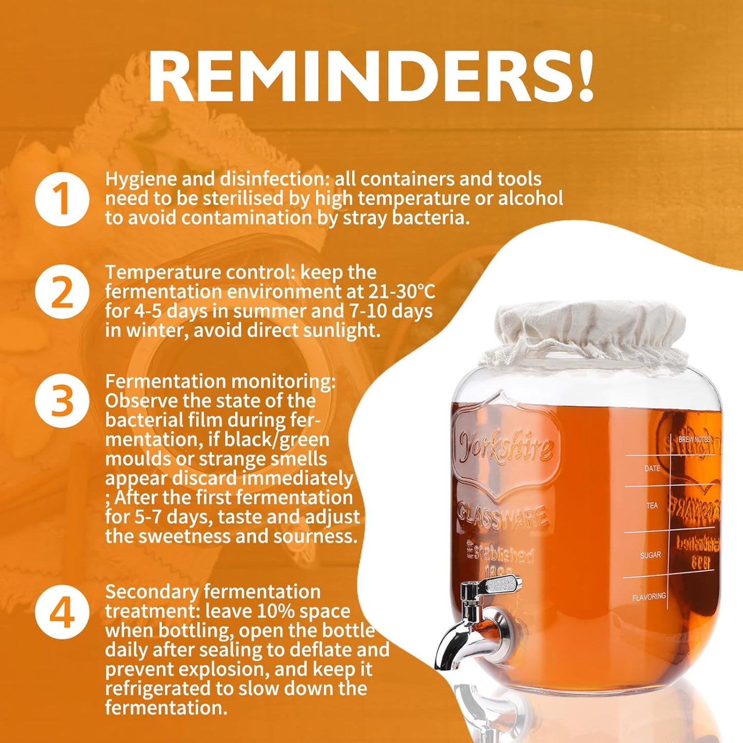 1 Gallon Kombucha Starter Kit, Glass Kombucha Jar with Spigot and Stainless Steel Mesh Filter Fermentation Kit for Home Brewed Kombucha Bottles, Includes Test Strips, Measuring Cups, Cloth Top