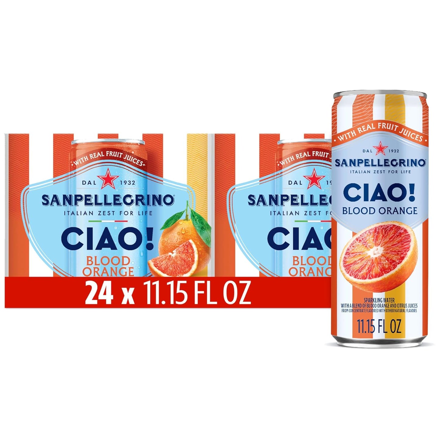 Sanpellegrino Zero Grams Added Sugar Sparkling Orange And Blood Orange Beverage, Italian Sparkling Drink, 24 Pack Of 11.15 Fl Oz Cans, San Pellegrino Italian Sparkling Drinks, Low Calorie Sparkling Fruit Beverages