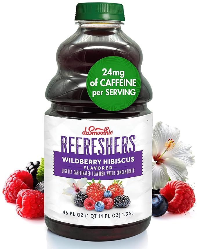Dr. Smoothie Refreshers Wildberry Hibiscus – Made with Real Fruit Juice – Drink Concentrate, No Artificial Colors, Shelf-Stable – Lightly Caffeinated with Green Coffee Extract (46 oz Bottle)