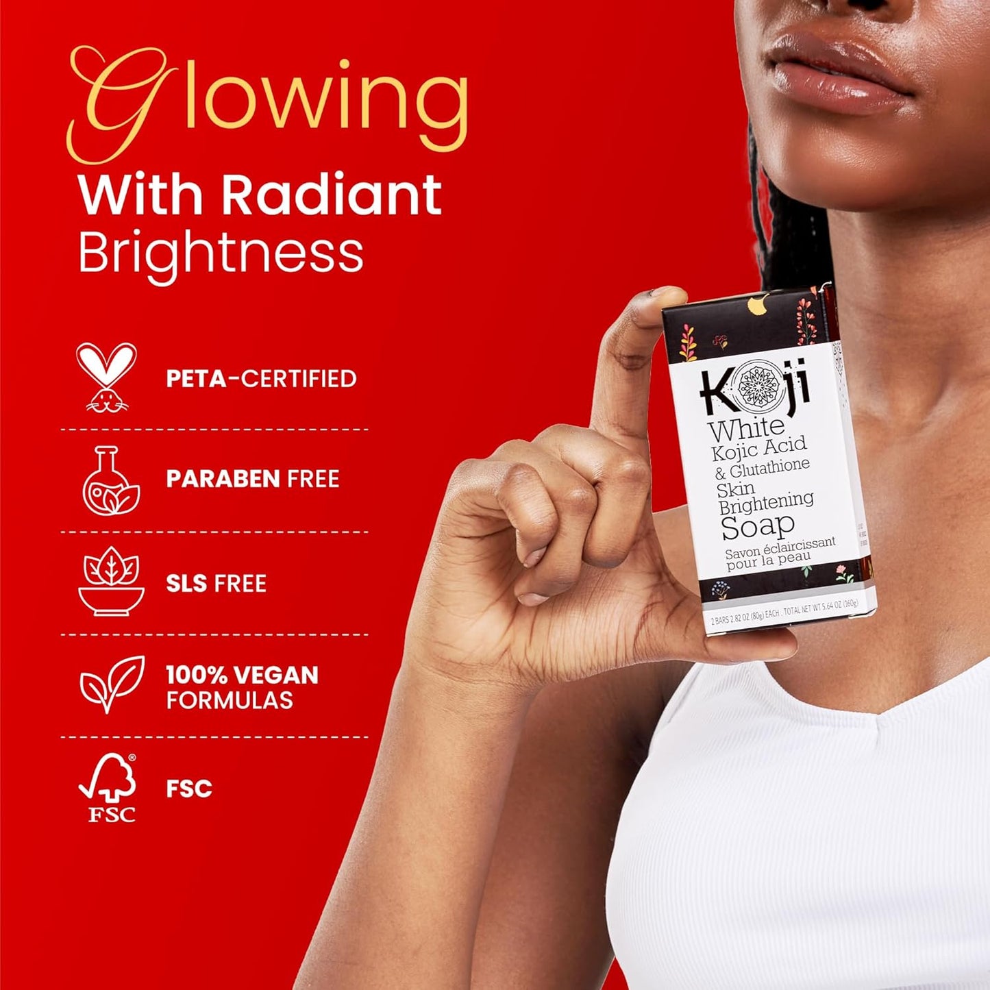 Koji White Kojic Acid & Glutathione Skin Brightening Soap for Body & Face Exfoliating, Hydrating and Cleansing Bar for Reduce the Appearance of Fine Lines and Wrinkles, Vegan, 2.82 oz (2 Bars)