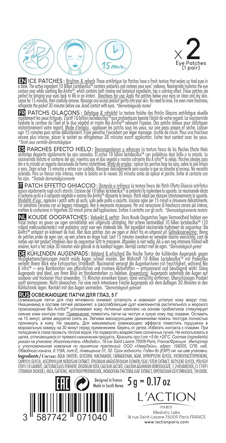 L'Action Paris Anti-Fatigue Ice Patches, Eye Masks for Brightened Refreshed and Calm Skin, Enriched with Niacinamide and Probiotics, Ideal for Tired Skin, Pack of 2