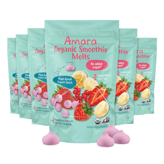 Amara Smoothie Melts - Mixed Red Berries - Baby Snacks Made With Fruits and Vegetables - Healthy Toddler Snacks For Your Kids Lunch Box - Organic Plant Based Yogurt Melts - 6 Resealable Bags