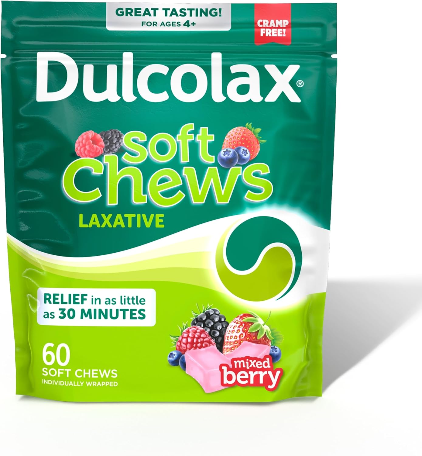 Dulcolax Saline Laxative Soft Chews, Gentle Constipation Relief, Mixed Berry Flavor, Magnesium Hydroxide 1200 mg, 60Count