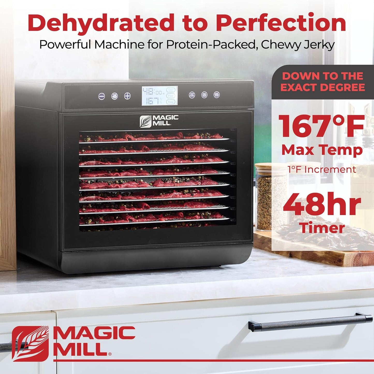 Magic Mill Premium Food Dehydrator Machine (10 Extra-Large Stainless Steel Trays) 700W Dryer for Beef Jerky, Fruits, Vegetables, Dog Treats, 48 Hour Digital Timer - 95°-167° Temperature Control