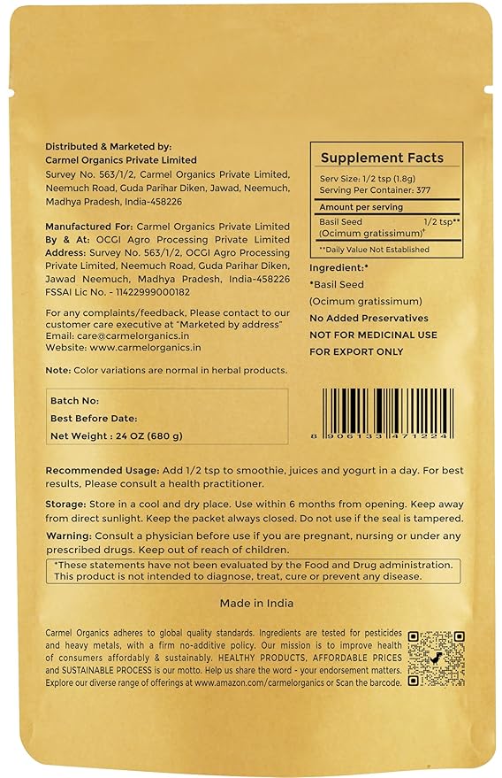 Edible Basil Seeds. | 24 Ounce or 1.5 Lb/680 grams | Tukmaria Sabja Seeds| Rich in Fibers | Add to Smoothies | Non GMO | Keto + non Gluten | Natural | By Carmel Organics