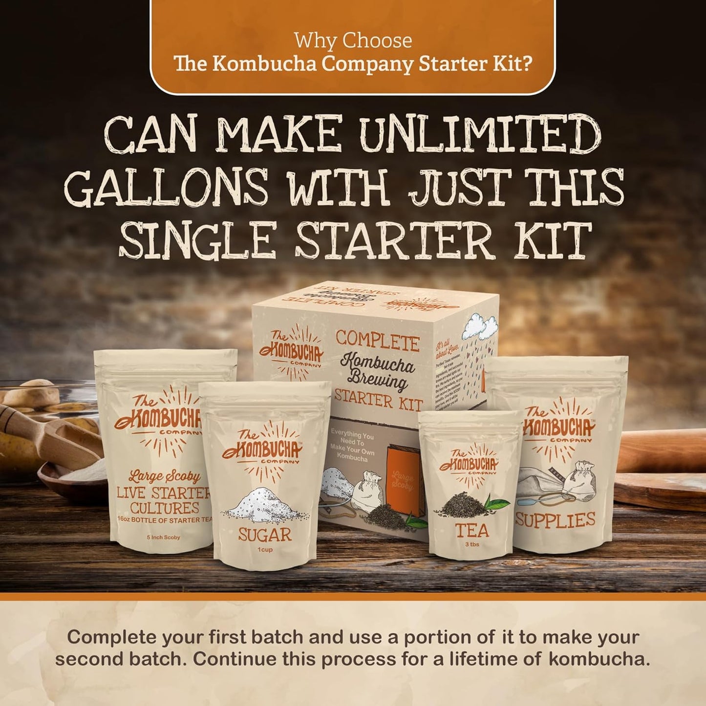 Kombucha Home Brewing Starter Kit | 5-Inch Large Scoby Kombucha Starter Kit | Complete Kit Includes What You Need w/ 16 oz Starter Tea, Brewing Jar & Brewing Supplies | Brew Unlimited Kombucha