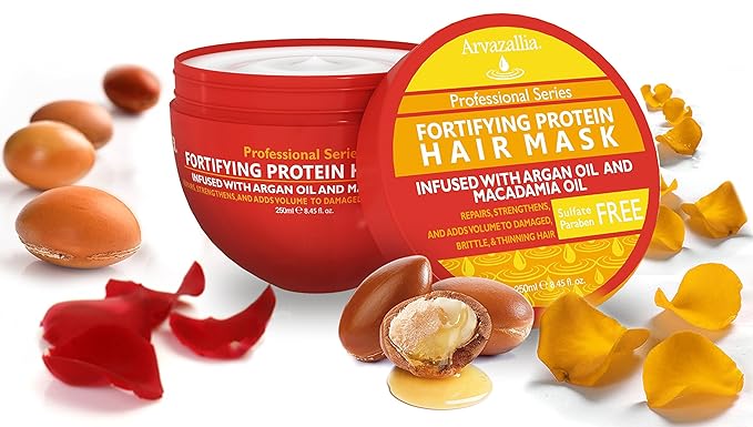 Arvazallia Fortifying Protein Hair Mask and Deep Conditioner with Argan Oil and Macadamia Oil Hair Repair Treatment for Damaged, Brittle, or Thinning Hair - Promotes Natural Hair Growth
