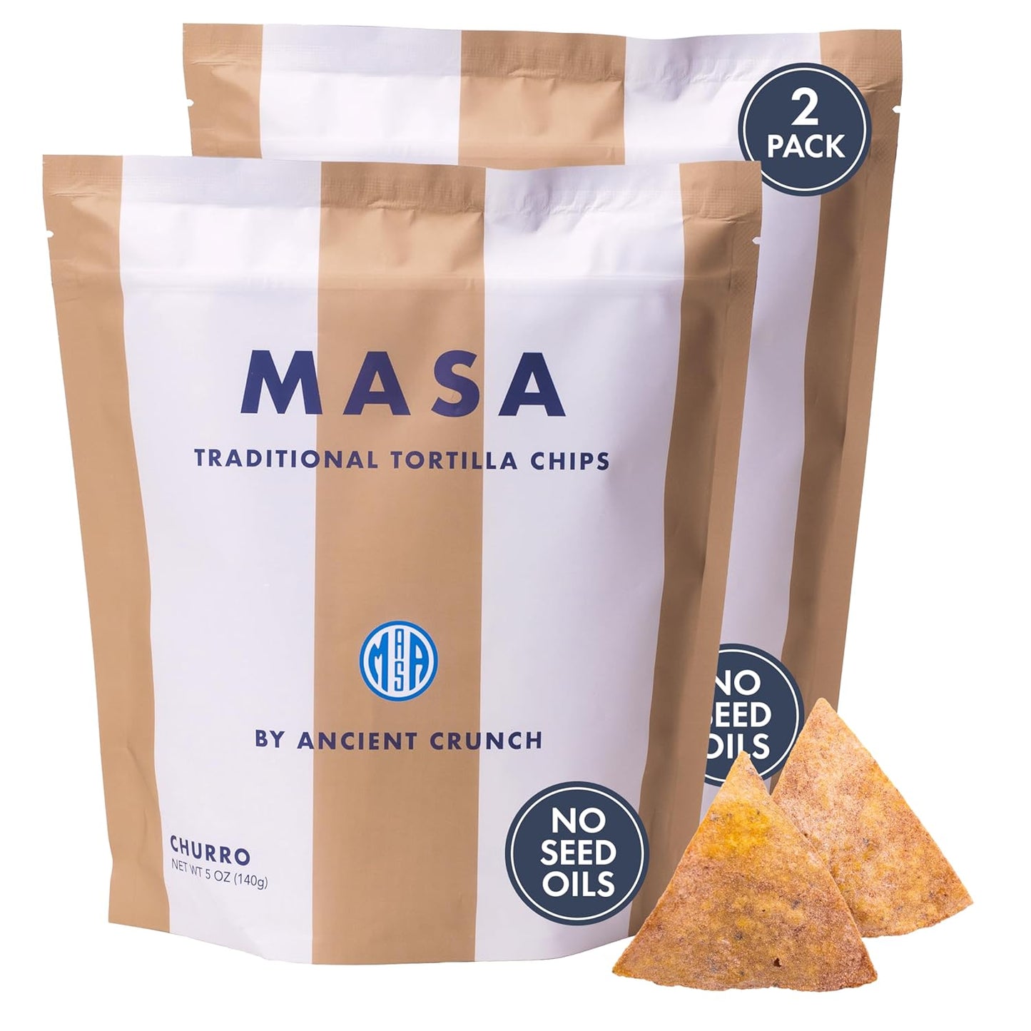 MASA Tortilla Chips Snack Pack - Seed Oil Free Snacks, Organic Chips Tortilla - Gluten & Dairy Free, Naturally Grown Corn Chip - Made with Grass Fed Tallow & Sea Salt (2 Pack, 5oz Each - Churro)