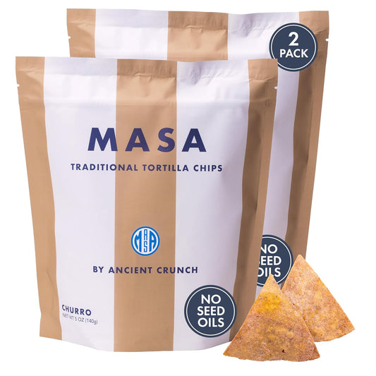 MASA Tortilla Chips Snack Pack - Seed Oil Free Snacks, Organic Chips Tortilla - Gluten & Dairy Free, Naturally Grown Corn Chip - Made with Grass Fed Tallow & Sea Salt (2 Pack, 5oz Each - Churro)