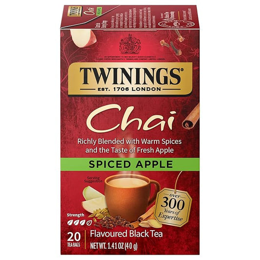 Twinings Spiced Apple Chai Black Tea Individually Wrapped Bags, 20 Count (Pack of 1), Sweet, Savoury Spices, Caffeinated, Enjoy Hot or Iced, 20 Teabags