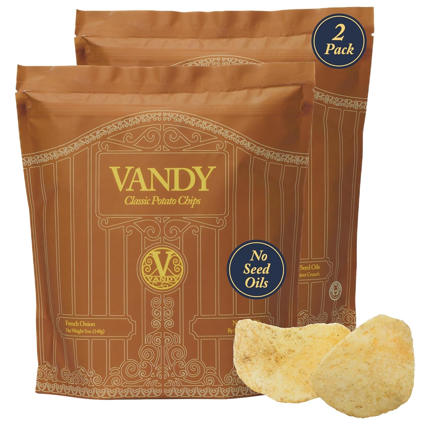 Vandy Crisps Potato Chips - Seed Oil Free Snacks - Gluten Free Potato Chip - Made with Potatoes, Grass-Fed Beef Tallow, Sea Salt, & French Onion Blend - 2 Pack, 5 Ounce Each (French Onion)