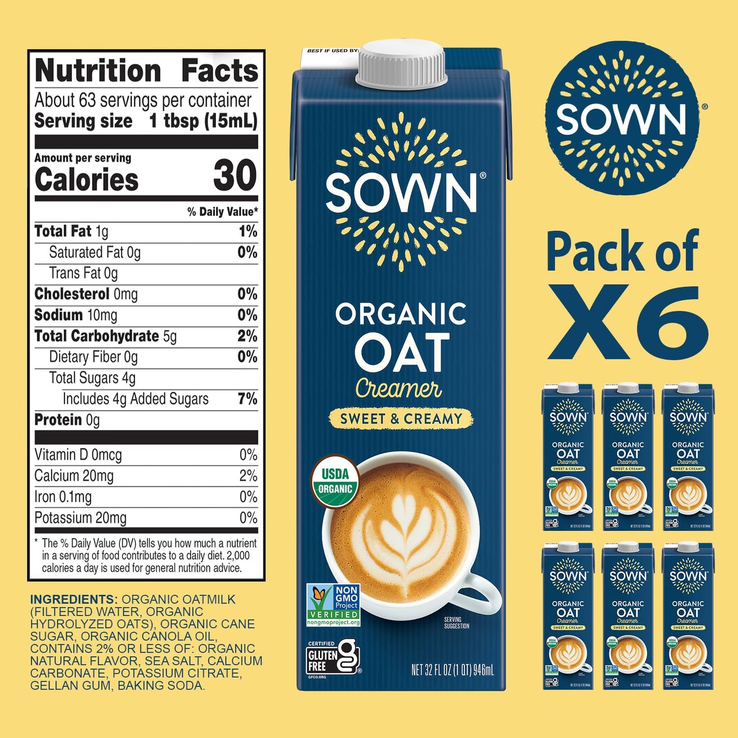SOWN Organic Oat Creamer Salted Caramel - Barista Oat Milk Non Dairy Coffee Creamer - Plant Based, Dairy-Free, Vegan, Gluten-Free, Non-GMO, Shelf Stable - 32oz (Pack of 6)
