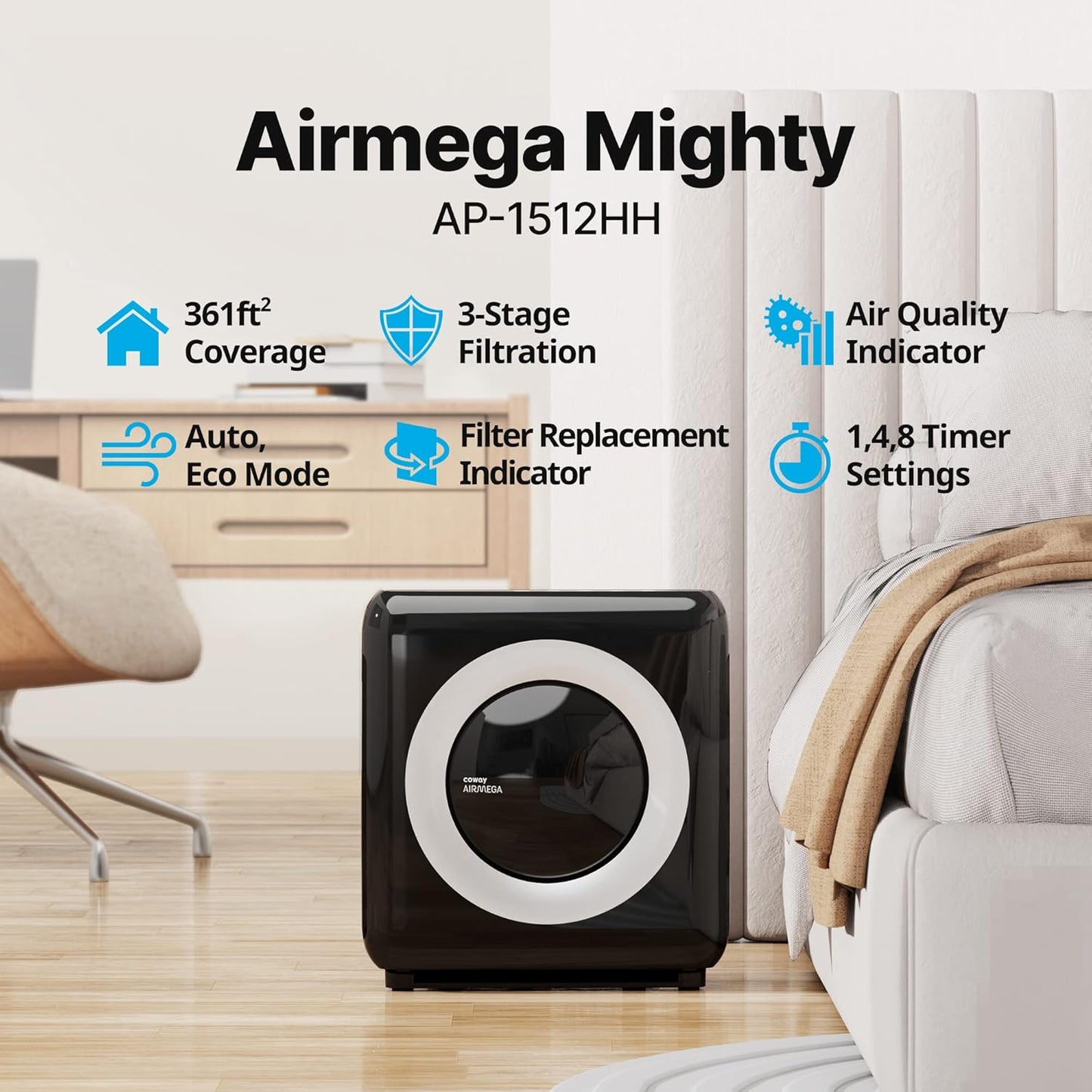Coway AP-1512HH Mighty Air Purifier with True HEPA and Eco Mode, black/silver, 16.8 x 18.3 x 9.6
