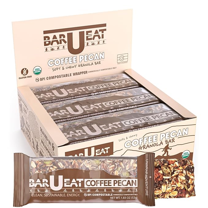BAR-U-EAT Gluten-Free, Organic, Soft & Chewy Energy Bar. Whole Food Ingredients | Compostable Packaging | No Artificial Sugar | Healthy Snacks (Coffee Pecan 12 Pack)