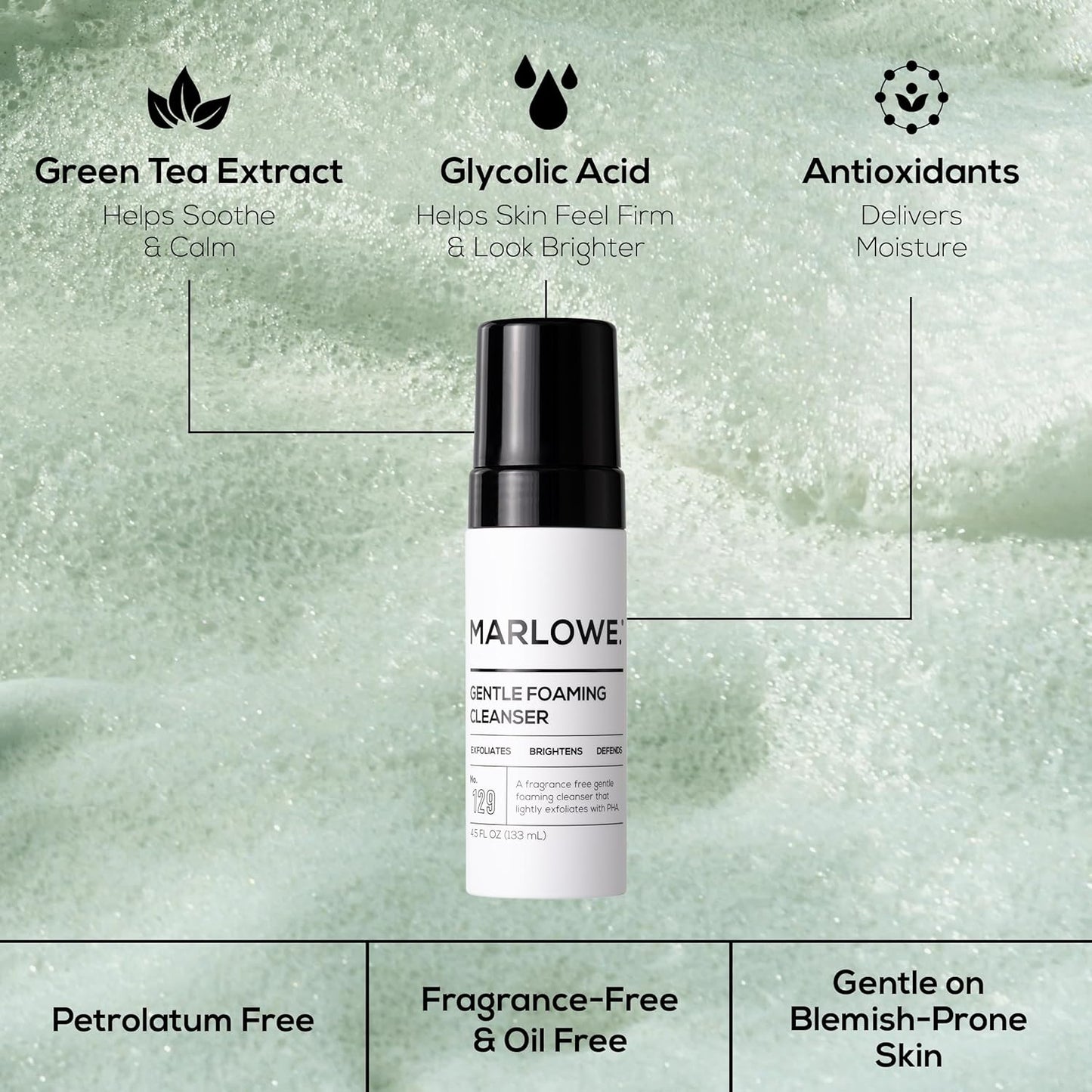 MARLOWE. No. 129 Gentle Foaming Facial  MARLOWE. No. 129 Gentle Foaming Facial Cleanser 4.5 Oz, Exfoliating, Brightening & Protective Daily Mens Face Wash with PHA, Natural Green Tea Extracts & Antioxidants, Unscented & Vegan
