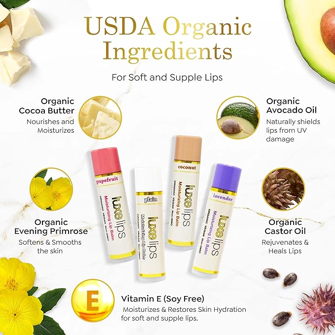 Luxe Beauty No-Beeswax, No-Petroleum Organic Lip Moisturizer for Very Dry Lips - Lip Care for Sun/Wind Damage, Dryness, and Chapping – 4-Pack Hydrating Lip Care Products That Work Over/Under Lipstick