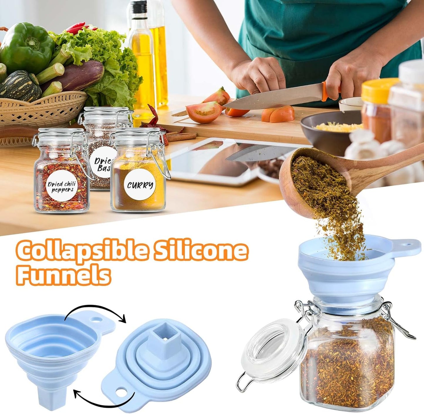 Spice Jars 20 Pack Small 4 oz Glass Jars with Airtight Hinged Lids, Spice Herb Jars with Labels and Silicone Funnels, 4oz Glass Jars with Lids Ideal for Spice Herbs