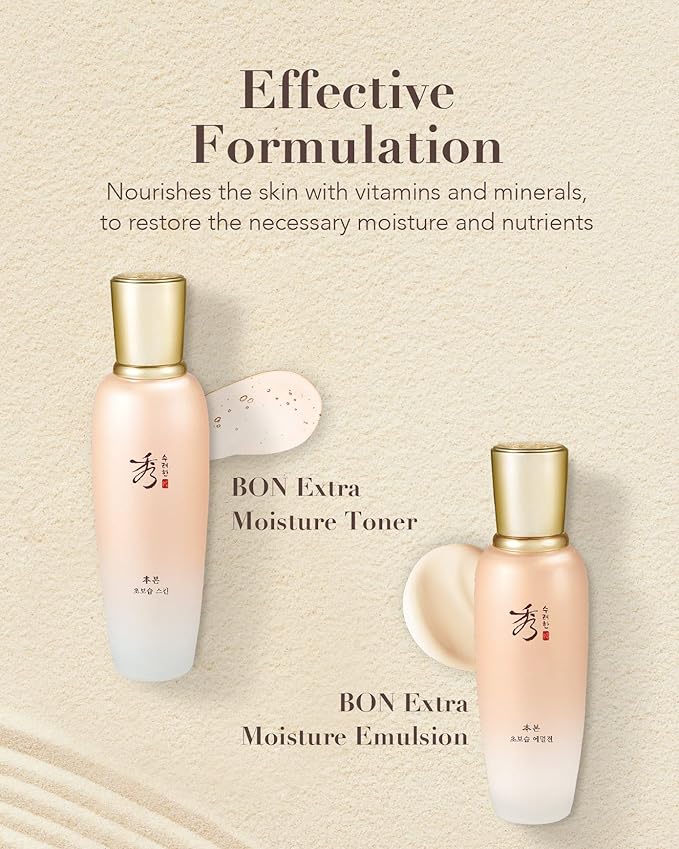 Sooryehan BON EXTRA MOISTURE Korean Skin Care Gift Set (385ml / 13.01 Fl Oz) - Luxury Premium High-end by LG BEAUTY. Hydrating Toner, Emulsion Lotion, Cleansing Foam, Eye Cream.