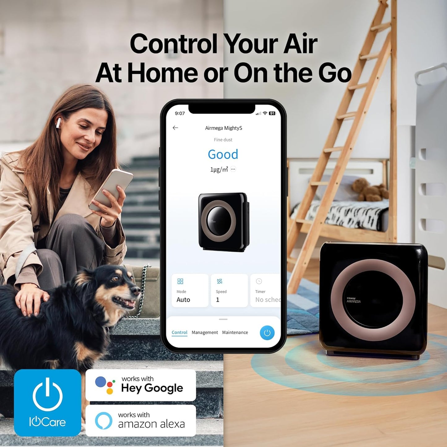 Coway Airmega AP-1512HHS App-Enabled Smart Technology, Compatible with Amazon Alexa True HEPA Air Purifier, Black/Bronze