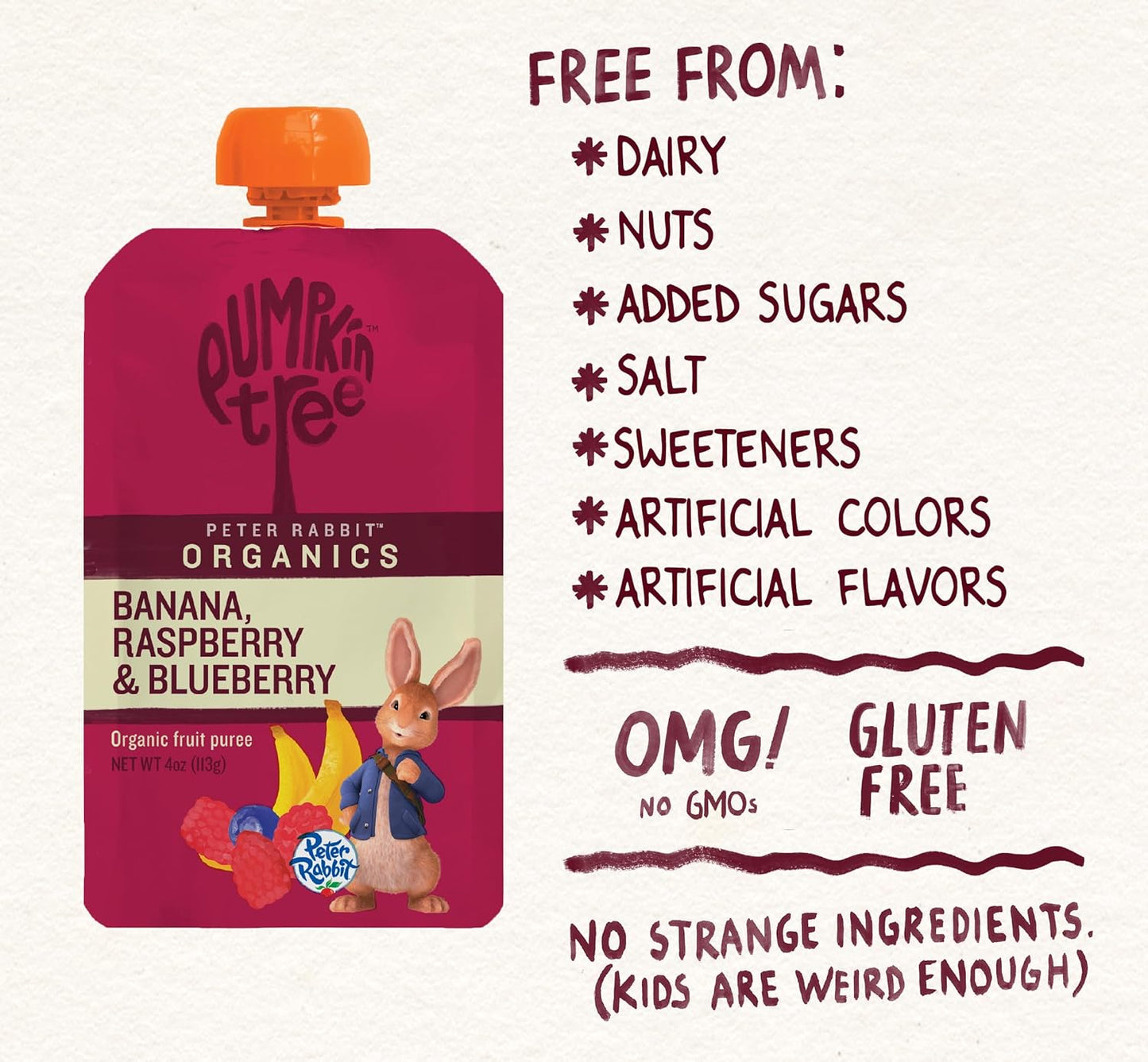 Pumpkin Tree Peter Rabbit Organics, Organic Raspberry, Banana and Blueberry 100% Pure Fruit Snack, 4 oz. Squeeze Pouches (Pack of 10)