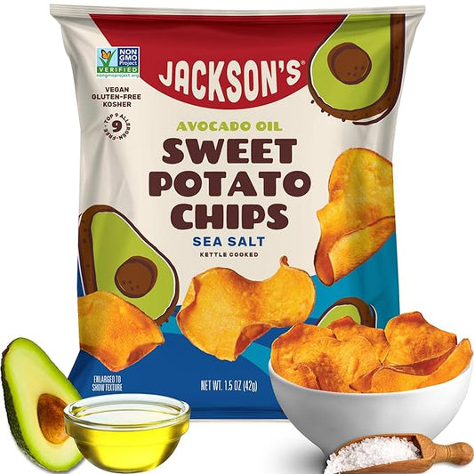 Jackson’s Sweet Potato Kettle Chips with Sea Salt made with Premium Avocado Oil (1.5 Ounce, Pack of 28) - Allergen-friendly, Gluten Free, Peanut Free, Vegan, Paleo Friendly - Shark Tank Product