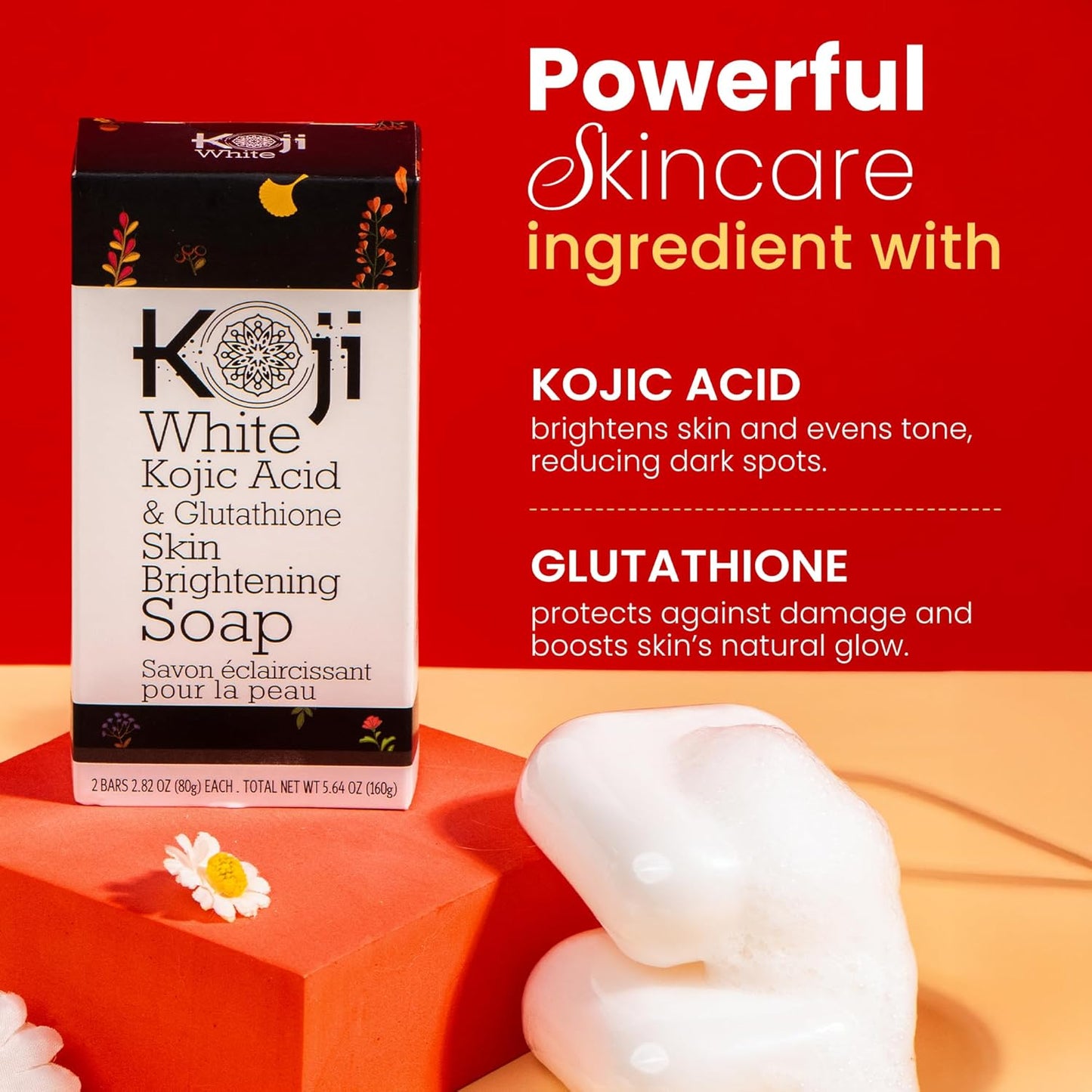 Koji White Kojic Acid & Glutathione Skin Brightening Soap for Body & Face Exfoliating, Hydrating and Cleansing Bar for Reduce the Appearance of Fine Lines and Wrinkles, Vegan, 2.82 oz (2 Bars)
