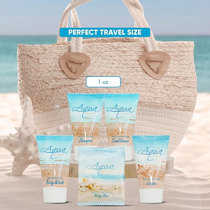 | Aqua Organics Hotel Soaps and Toiletries Bulk Set | Amenities for Hotels & Airbnb | 1oz Hotel Shampoo & Conditioner, Body Wash, Body Lotion & 1oz Bar Soap Travel Size | 5 Pieces