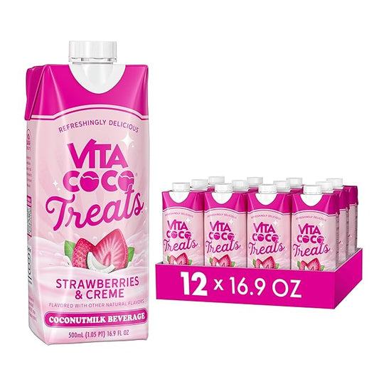Vita Coco Treats Strawberries & Creme Coconut Milk Drink | Sweet, Refreshing, Treat | Cremey Pink Drink Alternative | 16.9 fl oz (Pack of 12)