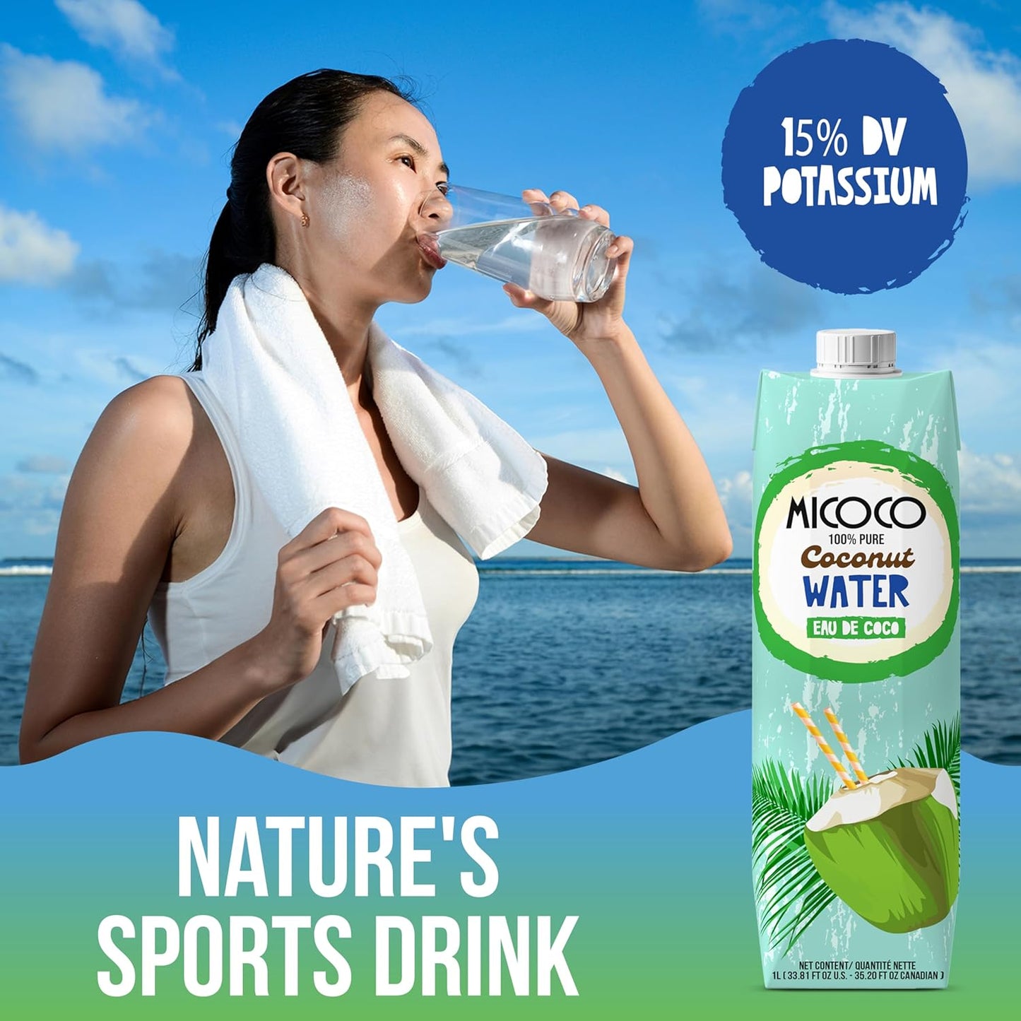MICOCO Coconut Water, No Added Sugar, (1L) 33.8 Fl Oz (Pack of 12)