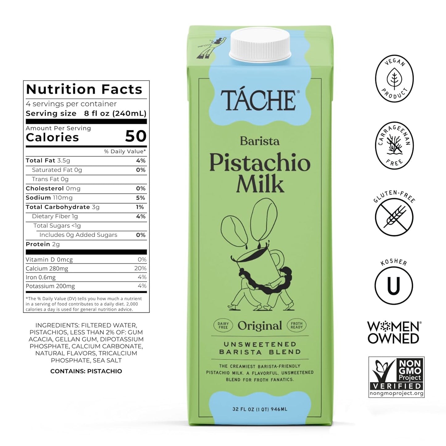 Táche Unsweetened Pistachio Milk and Ready-to-Drink Pistachio Coffee Latte Bundle, 32 oz Milk 6-Pack and 11 oz Latte 12-Pack