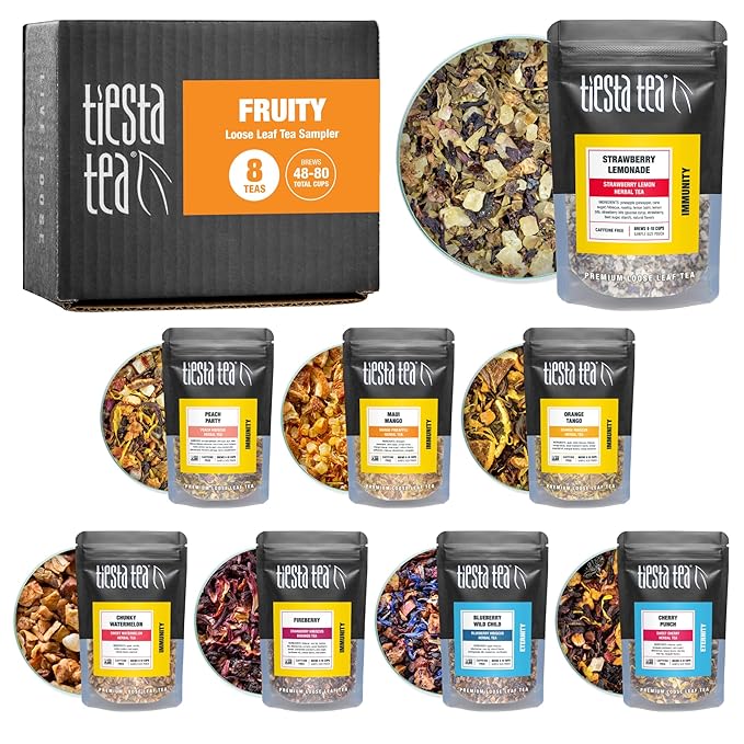 Tiesta Tea - Fruity Tea Sampler Dry Flight Set, Loose Leaf, No Caffeine, Makes Hot and Iced, Assorted Fruit Brews with Mango, Peach, Orange Drinks & More, 8 Resealable Sample Pouches