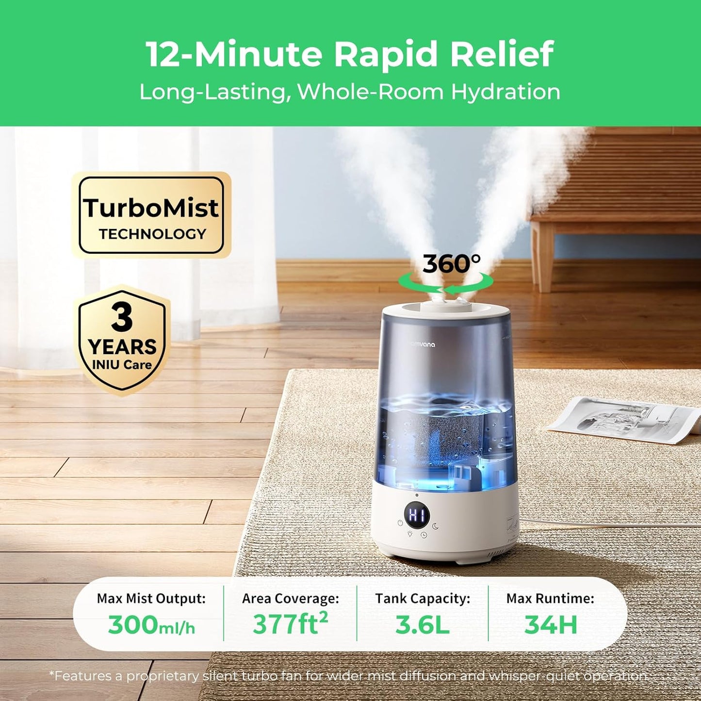 Homvana Humidifiers for Bedroom Home, 3.6 L Cool Mist Top-Fill 34H Super Long Time, Quiet 23dB, Baby Humidifier, Oil Diffuser for Large Room, Plants, Nursery, Office BPA FREE, 7 Color Light Ultrasonic