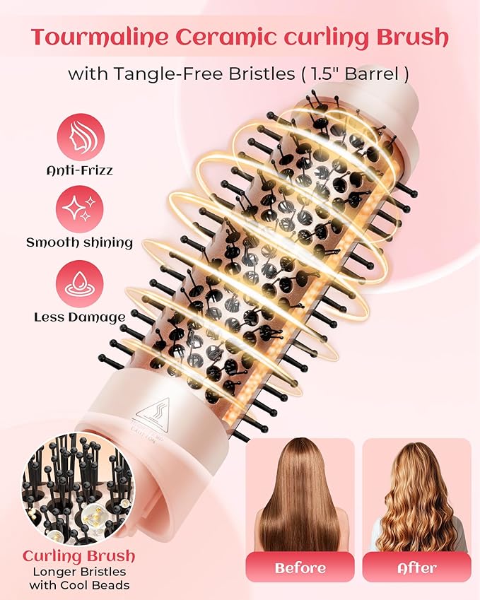 ANIEKIN 5 in 1 Curling Iron Set, Fast Heat Up Curling Wand from 3/8 to 1 1/4 Inch and a Thermal Brush Come with, Dual Voltage Hair Curler for Women All Hair Types and Travel Use, Gifts for Women,Pink