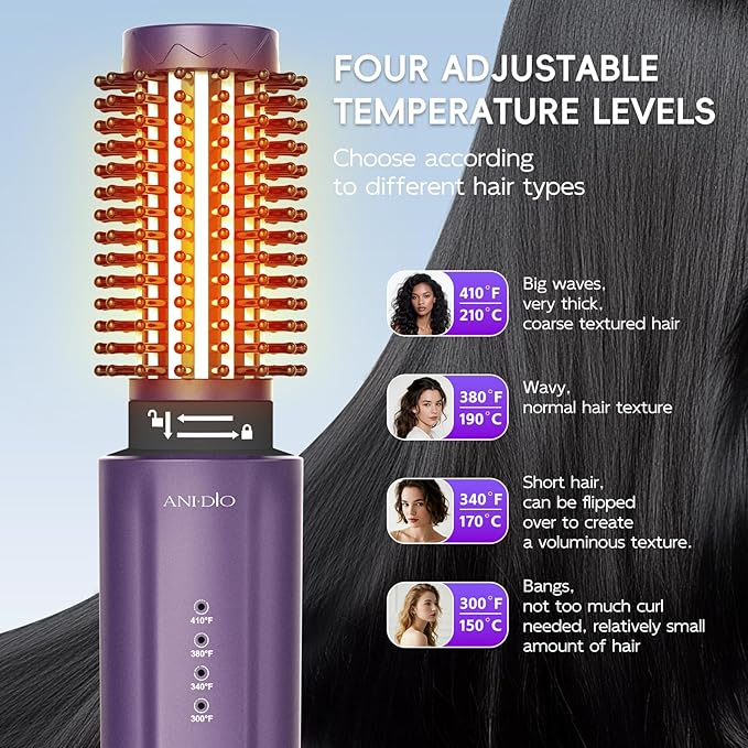 Cordless Curling Iron Brush, 2 in 1 Mini Travel Hot Straightener Comb with 200 Million Negative Ions, Dual Voltage & Lightweight for Travel, Anti-Tangle, 4 Temps, Purple