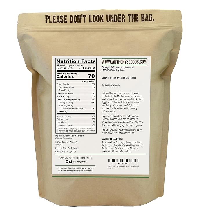 Anthony's Organic Golden Flaxseed Meal, 1.5 lb, Gluten Free, Non-GMO, Vegan, Ground Golden Flaxseed