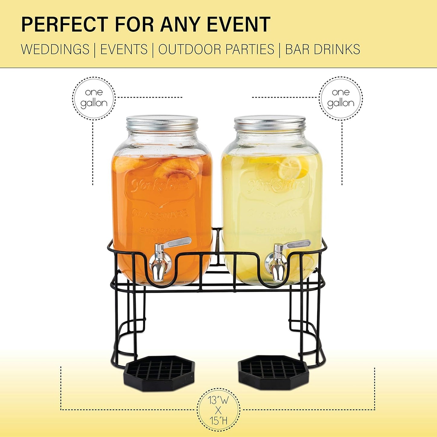 Dual Gallon Glass Beverage Dispensers with Metal Stand and Stainless Steel Spigots – Classic Mason Jar Design for Cold Drinks, Iced Tea, and Kombucha