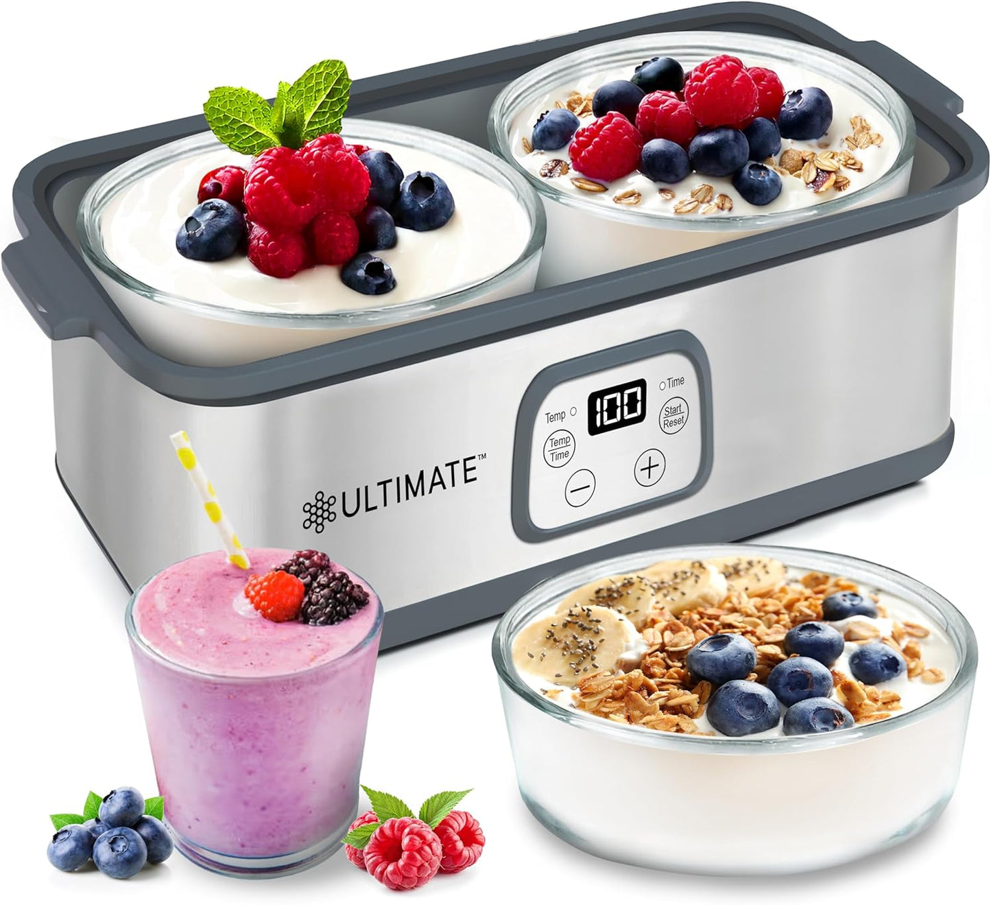 Ultimate Probiotic Yogurt Maker with Adjustable Time & Temp Control - Make Trillions of Live Probiotics with Two 1-Quart Containers for Larger Batches - Greek Yogurt Maker