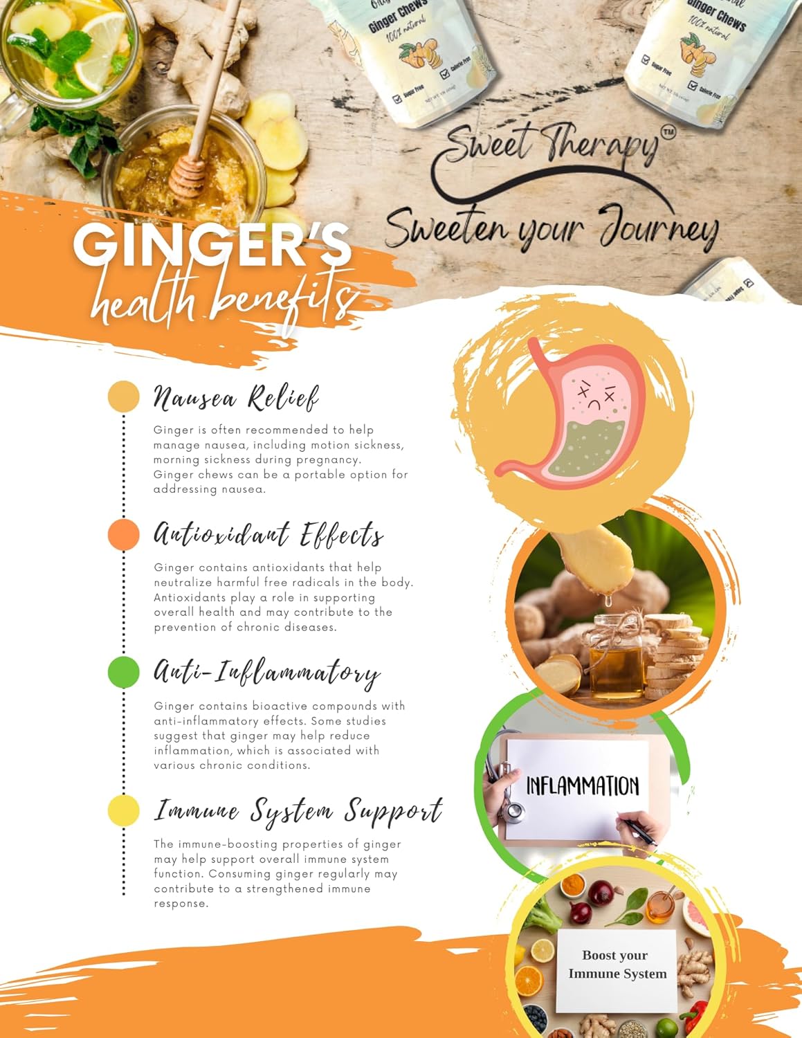 Sweet Therapy Extra strength Ginger Chews Sugar Free - Sugar free ginger candy - Sugar free Candy -Sugar free snacks -Zero sugar candy - Calorie free candy - Double Strength ginger chews