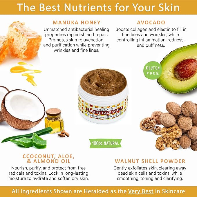 LILY SADO HONEY WALNUT Creamy Face Scrub - Best Exfoliating Facial Cleanser for Women & Men - Gently Exfoliates, Softens & Energizes Skin, Treats Acne, Reduces Pore Size - For All Skin Types - 4 oz