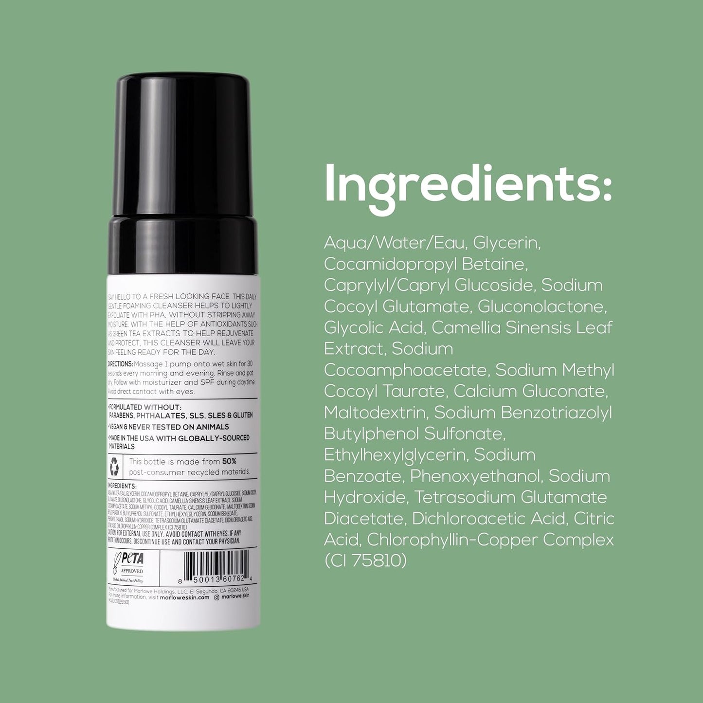 MARLOWE. No. 129 Gentle Foaming Facial  MARLOWE. No. 129 Gentle Foaming Facial Cleanser 4.5 Oz, Exfoliating, Brightening & Protective Daily Mens Face Wash with PHA, Natural Green Tea Extracts & Antioxidants, Unscented & Vegan