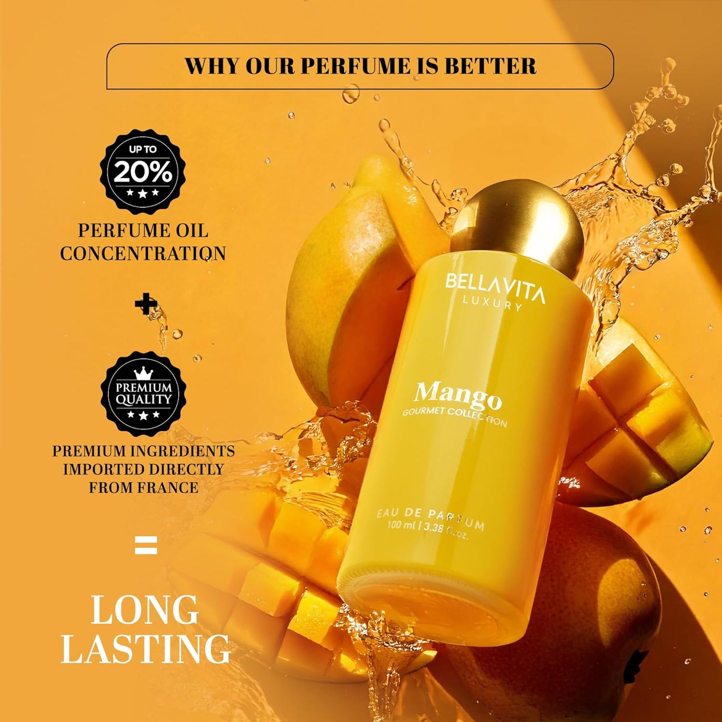 BELLAVITA Gourmet Collection Mango Edp Fruity, Floral, Woody Long Lasting Fragrance Perfume For Men And Women 100ml