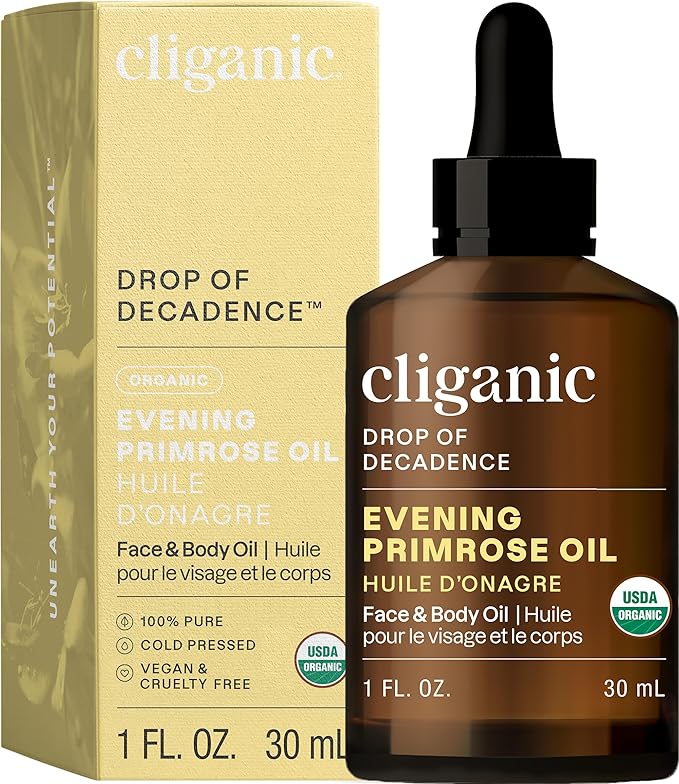 Cliganic Organic Evening Primrose Oil, 100% Pure (1oz) - For Hair & Face | Natural Cold Pressed Unrefined (Packaging May Vary)