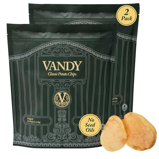 Vandy Crisps Potato Chips - Vegetable & Seed Oil Free Snacks - Gluten Free Potato Chip - Healthy Chips Made with Potatoes, Grass-Fed Beef Tallow, and Sea Salt - 2 Pack, 5 Ounce Each (Original)