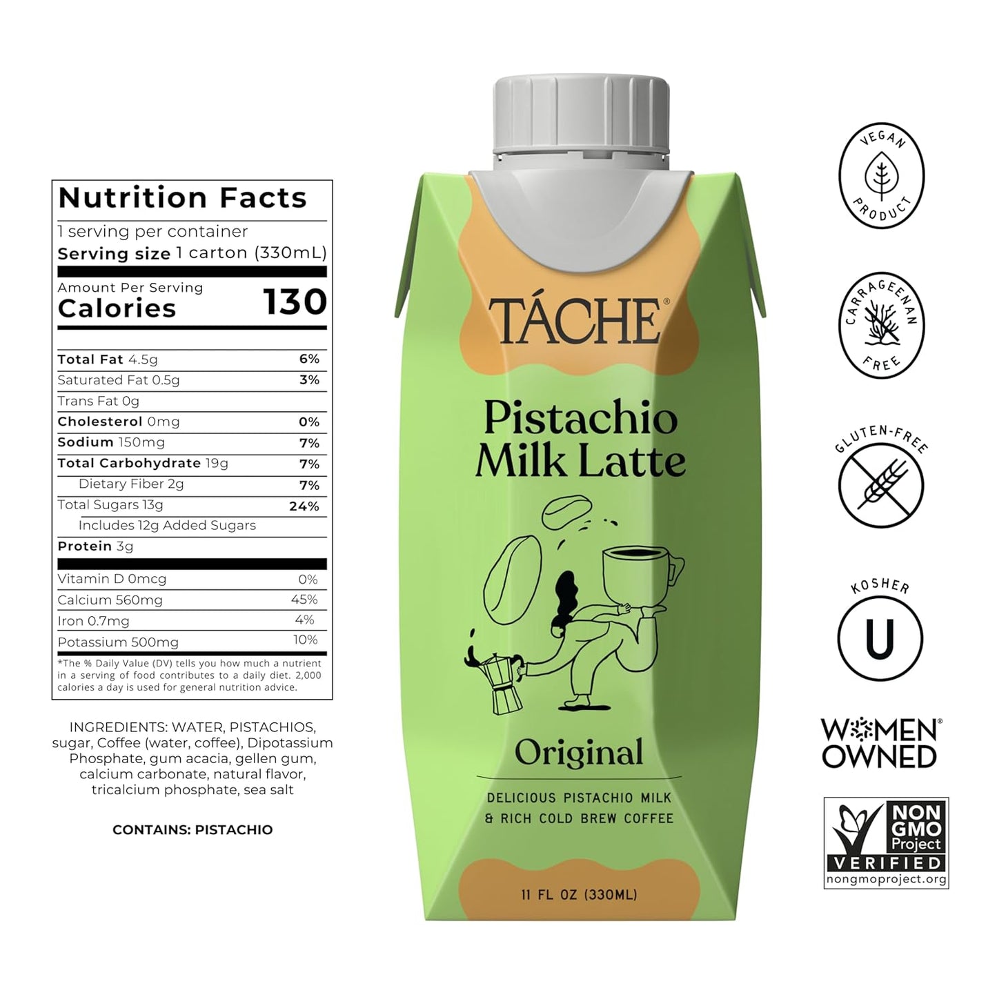 Táche Unsweetened Pistachio Milk and Ready-to-Drink Pistachio Coffee Latte Bundle, 32 oz Milk 6-Pack and 11 oz Latte 12-Pack