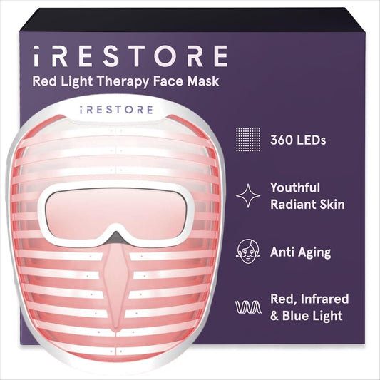 iRestore LED Face Mask for Youthful Skin, Anti-Aging Red Light Therapy for Face, Red, Blue & Infrared Therapy for Wrinkles, Fine Lines, Dark Spots with 360 LEDs - Skincare Device for Women & Men
