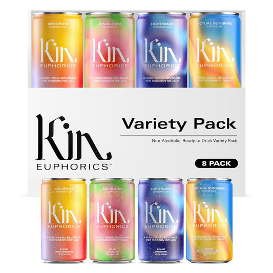 Kin Euphorics Variety 8 Pack with 2 Spritz, 2 Lightwave, 2 Bloom, and 2 Actual Sunshine by Kin Euphorics, Non Alcoholic Spirits, Ready to Drink, Awaken The Mind, Calm Your Mood, 8 Fl Oz (8pk)