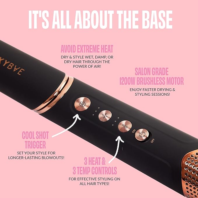 FoxyBae Interchangeable 5-in-1 Super Styler Pro Hair Styling Curling Iron Set - w/Drying Cylinder, Ceramic Blowout & Round Brushes, 2 Auto-Wrap Curlers - for Frizz-Free, Smooth Hair (Black-Rose Gold)