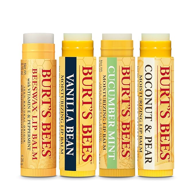 Burt’s Bees Holiday Gift, 4 Lip Balm Stocking Stuffer Products, Beeswax Bounty Assorted Set - Original Beeswax, Vanilla Bean, Cucumber Mint & Coconut Pear (Old Verison)