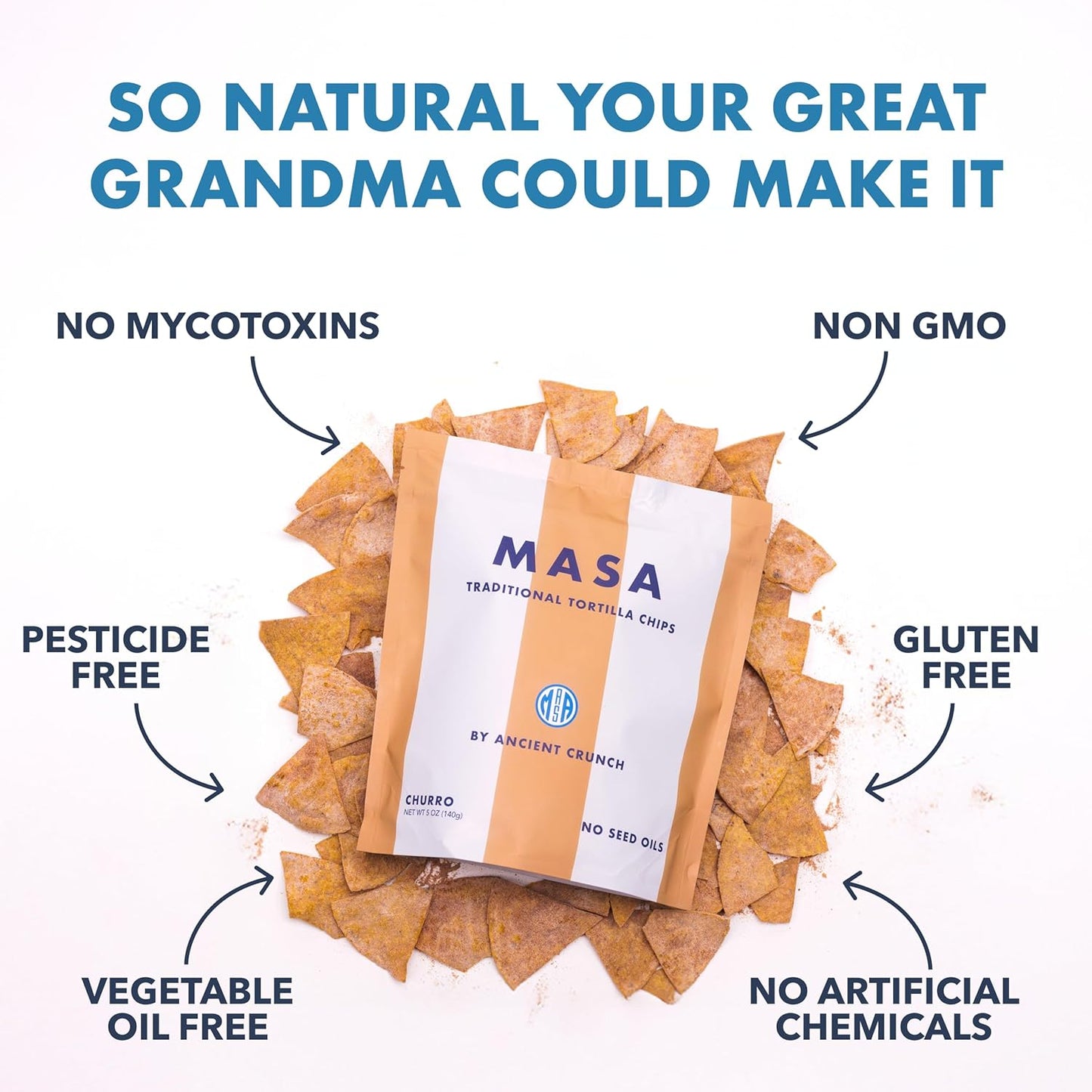 MASA Tortilla Chips Snack Pack - Seed Oil Free Snacks, Organic Chips Tortilla - Gluten & Dairy Free, Naturally Grown Corn Chip - Made with Grass Fed Tallow & Sea Salt (2 Pack, 5oz Each - Churro)