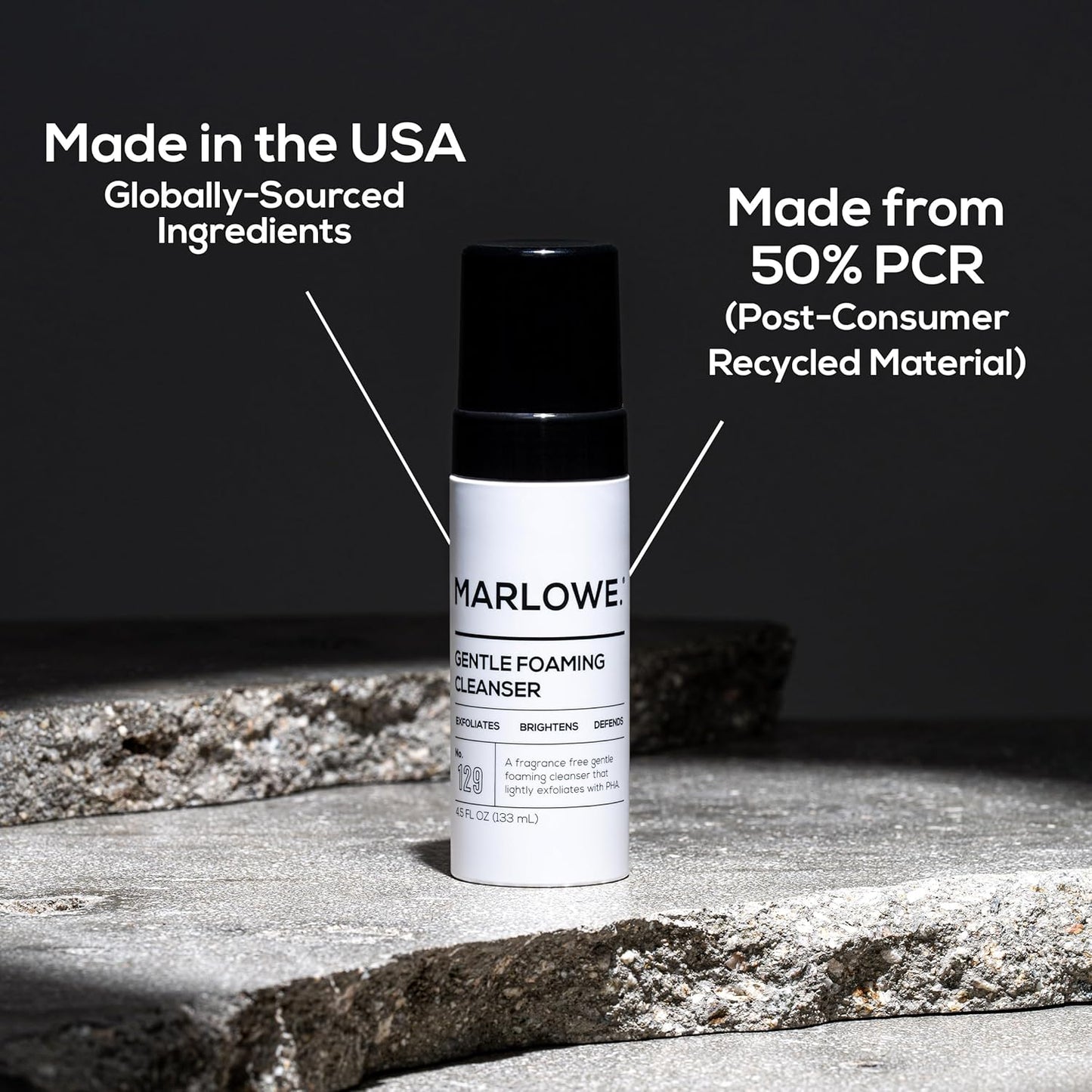 MARLOWE. No. 129 Gentle Foaming Facial  MARLOWE. No. 129 Gentle Foaming Facial Cleanser 4.5 Oz, Exfoliating, Brightening & Protective Daily Mens Face Wash with PHA, Natural Green Tea Extracts & Antioxidants, Unscented & Vegan